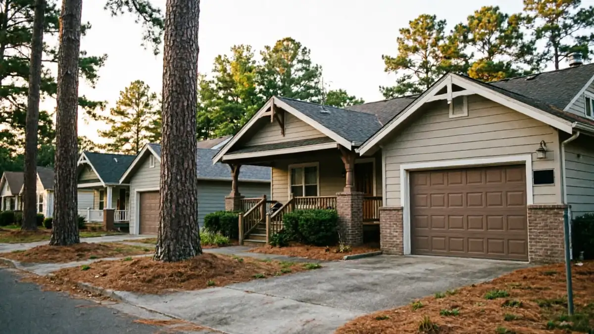 A row of houses with brown garage doors and pine trees.