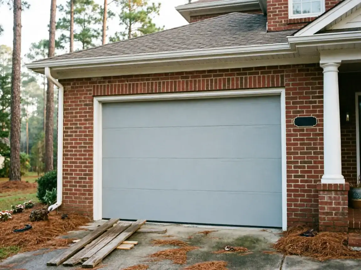 A light gray garage door is on a brick house with pine trees in the background.