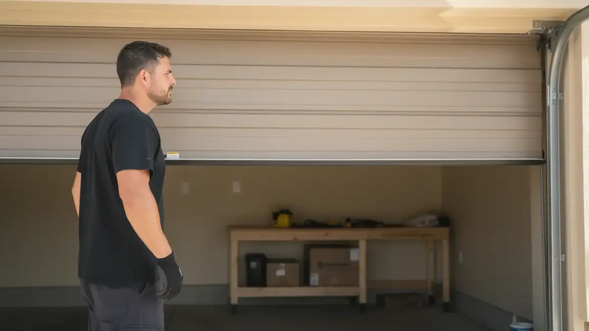 A technician stands in front of a partially open beige garage door.